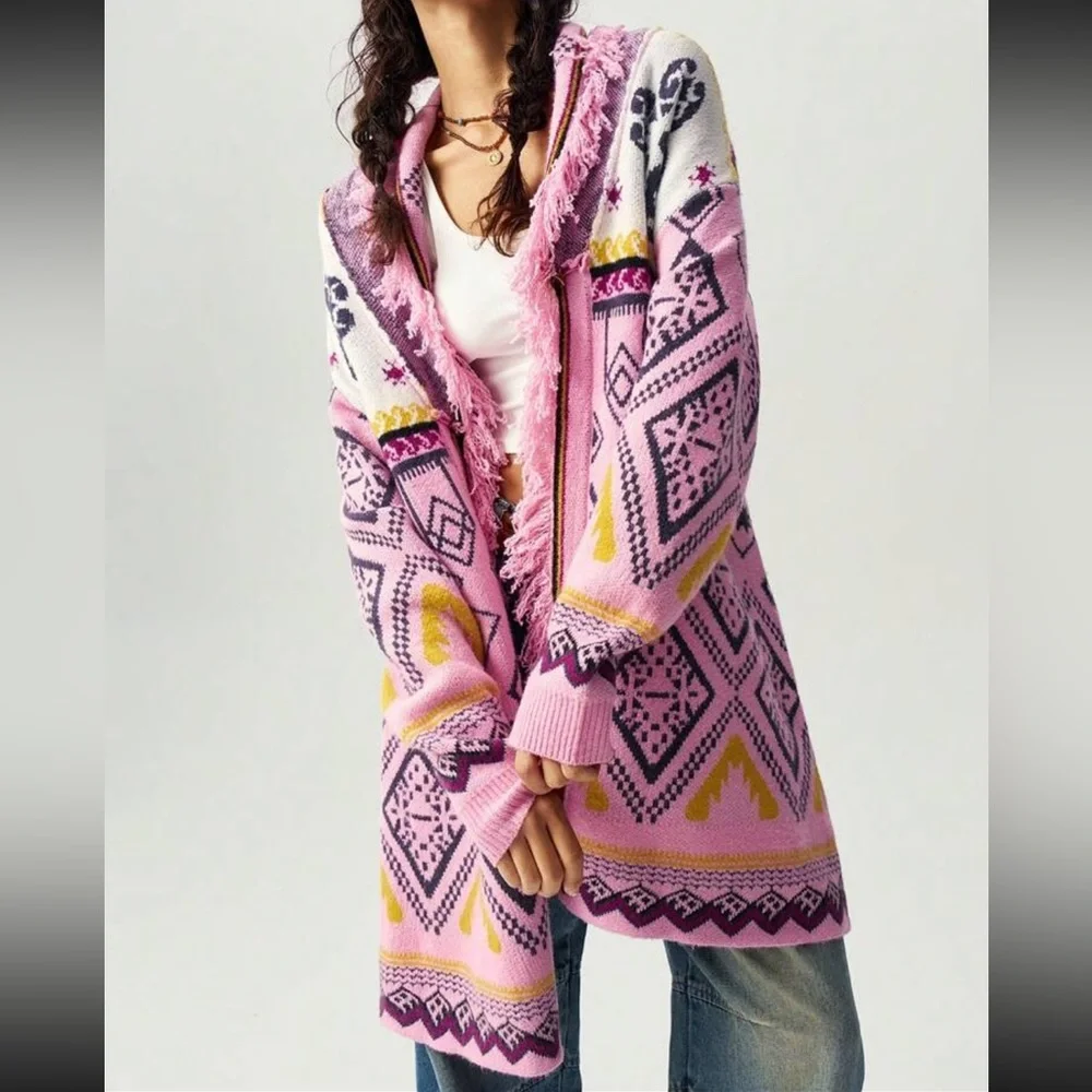 Luxe Boho Abstract Aztec Print Fringe Open Front Knit Sweater Cardigan Pink - Picture 5 of 6
